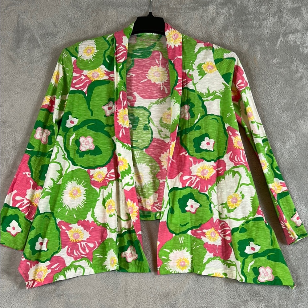 Lilly Pulitzer, Katia floral print knit cotton open front wrap cardigan sz small